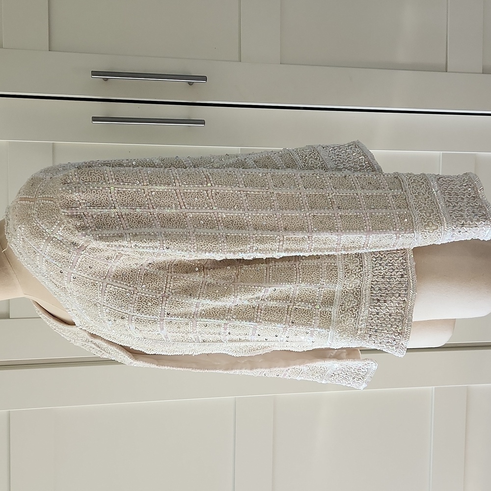 Vintage Cream Beaded Sequin Jacket Pearl Bridal Mob Wife Aesthetic Evening Top - Picture 2 of 5